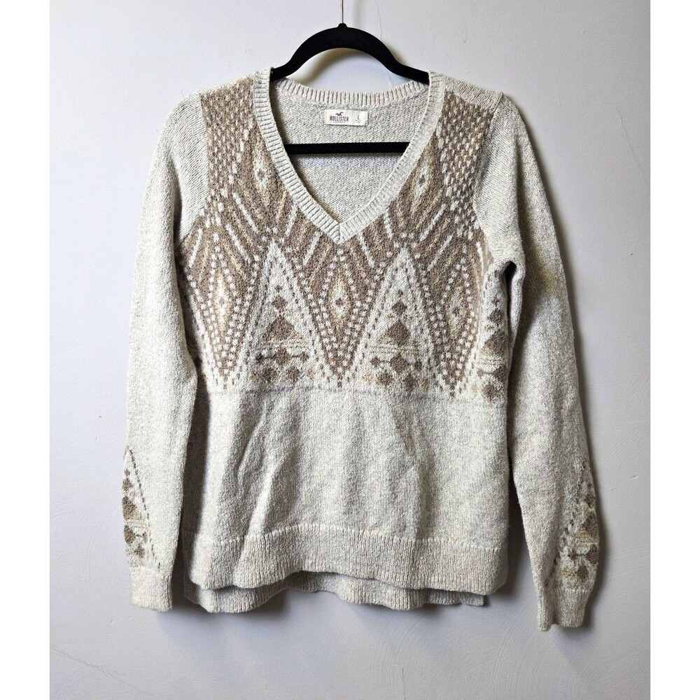 Hollister Womens Gray Fair Isle Knit V-Neck Pullover Sweater Long Sleeve L
